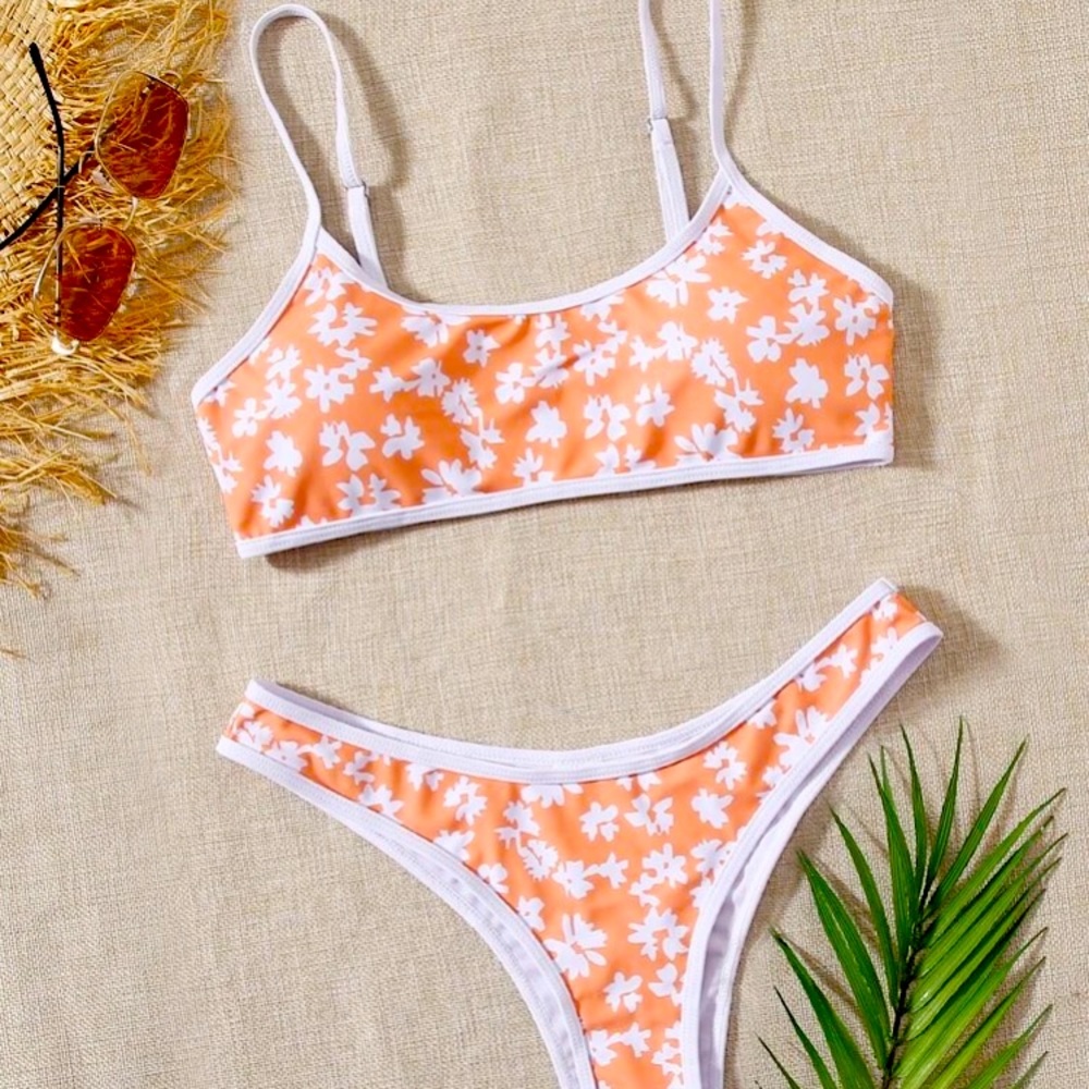 Orange and white Hawaiian floral cheeky bikini!